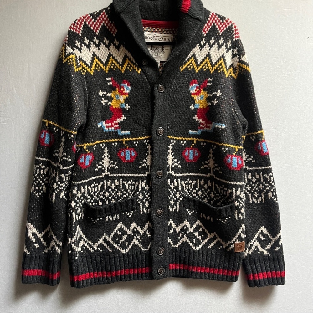 NWT Roots Cabin Shawl Collar Cardigan S Fair Isle Wool Blend Elbow Patch